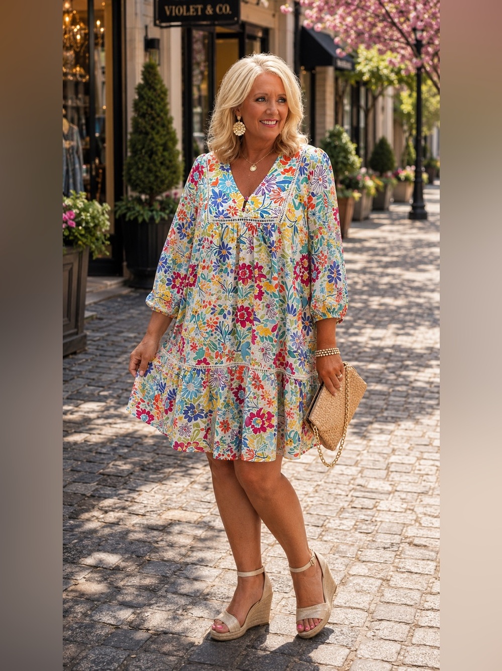 Fate Floral Cotton Multicolor 3/4 Sleeve Mini Dress Size Medium